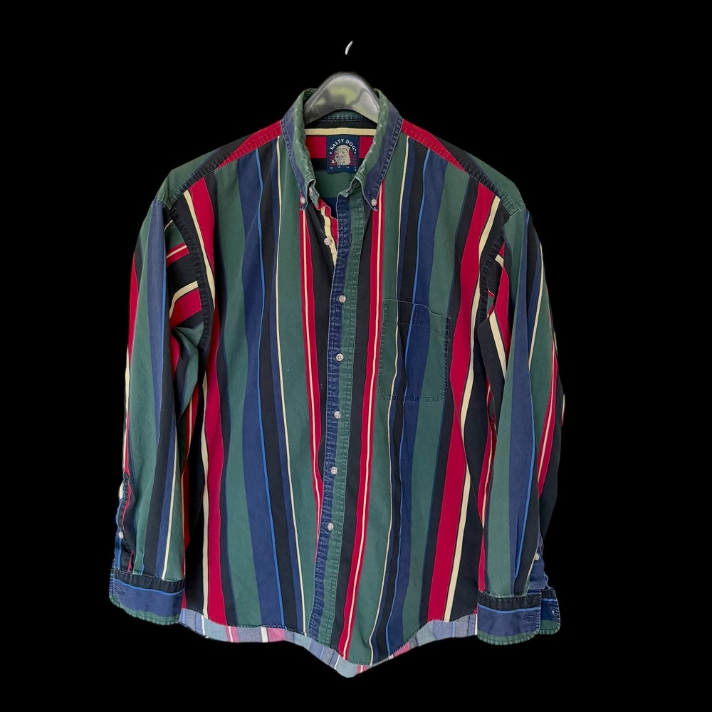 90's Salty Dog Gant L Green Vertical Stripe Cotton Button Down Shirt Distressed